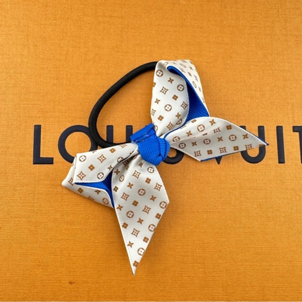 Upcycled hair tie. New. Blue and white.